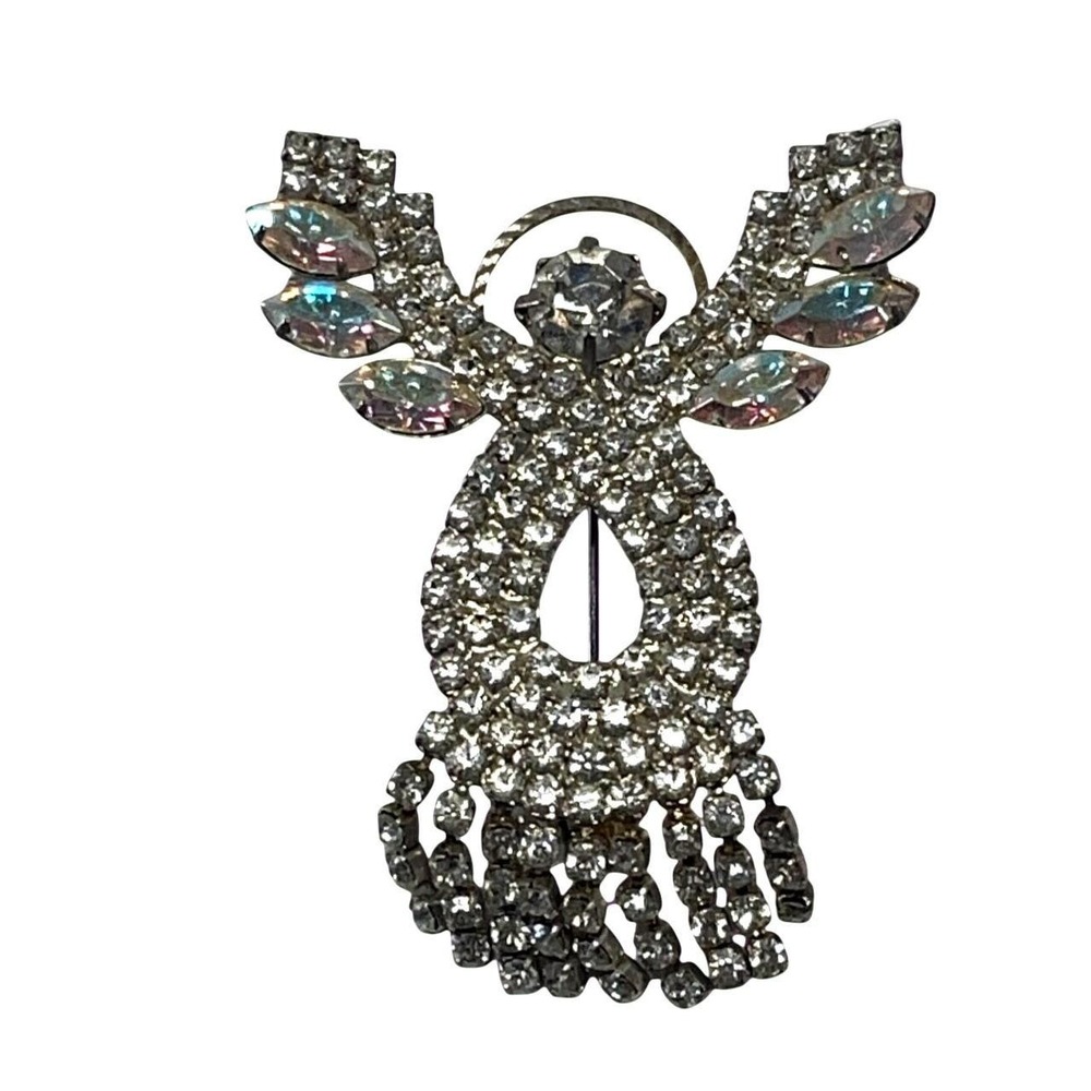 Vintage Rhinestone Crystal Angel Pin Brooch Dangling Skirt Aurora Borealis Wings